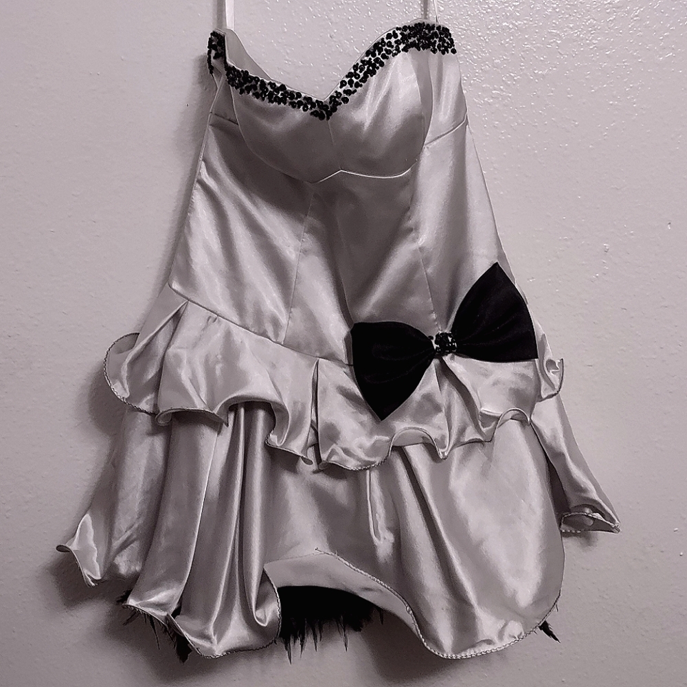 Silver and black beaded and feathered prom dress